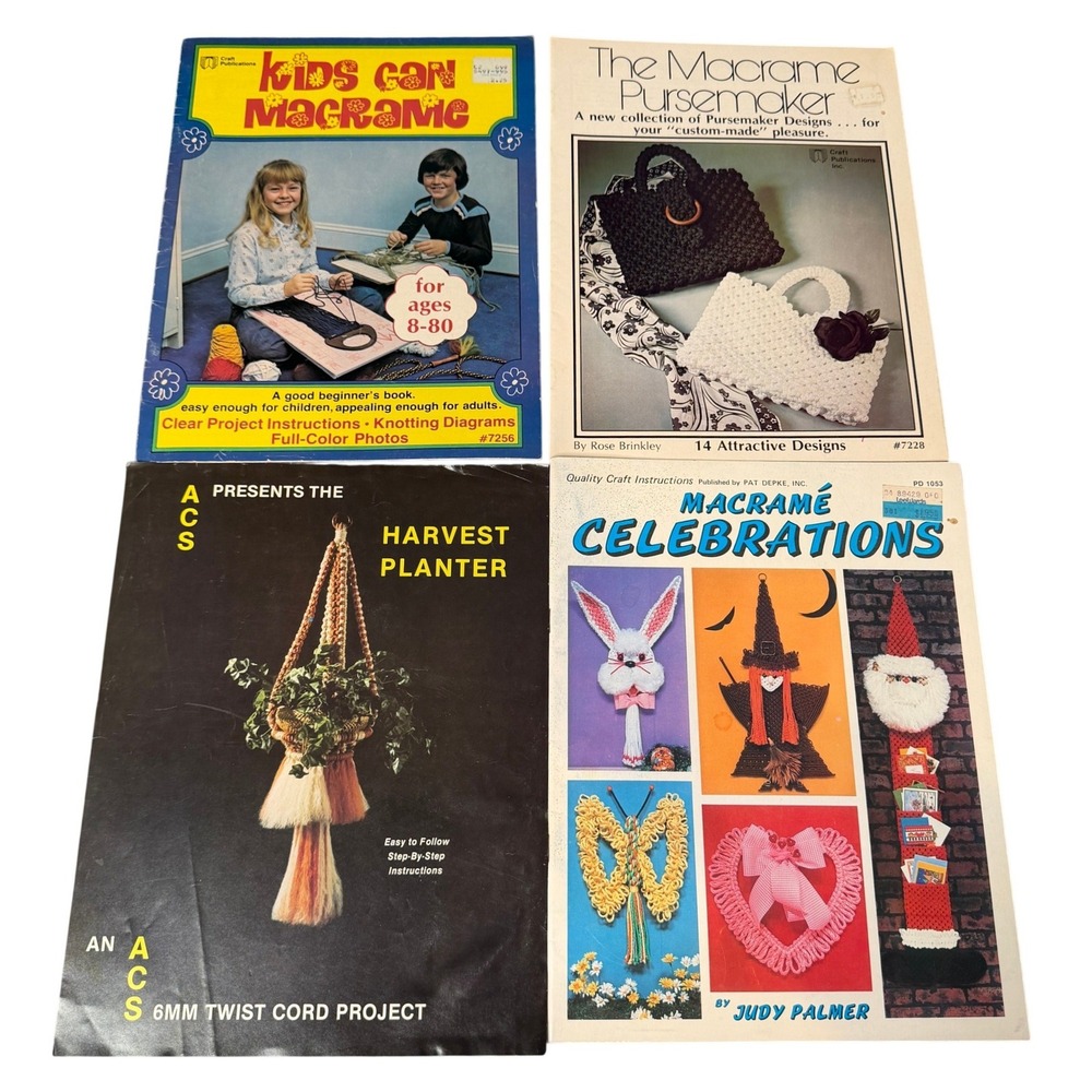 Vintage Macrame Pattern Book Lot Kids Pursemaker Celebrations Planter 70s 80s